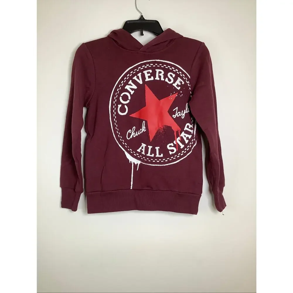 Converse Kids Medium Maroon Chuck Patch Spray Pullover Hoodie Streetwear I2-10
